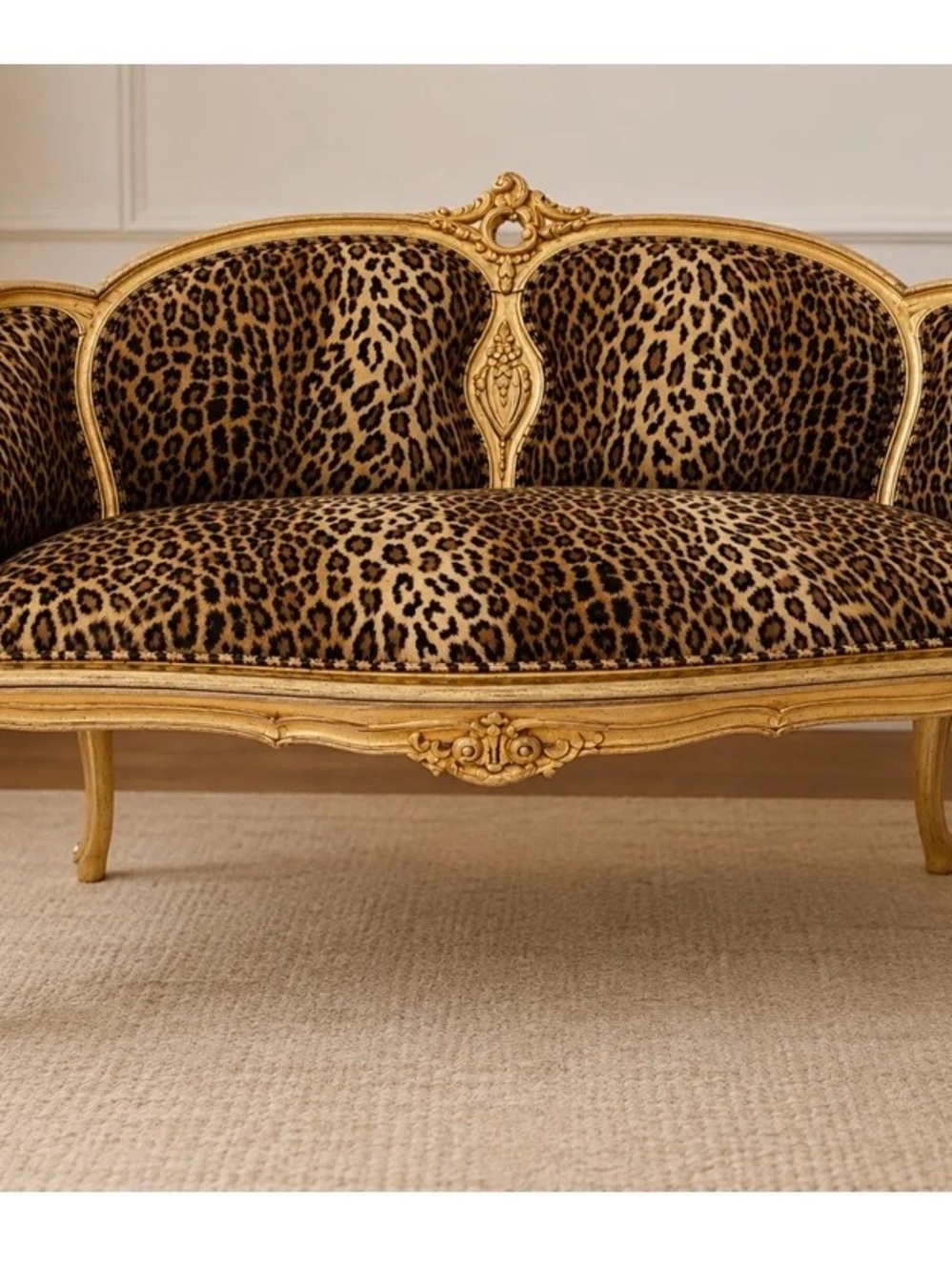 Leopard Print Gold Accent Settee - Glam Home Accent